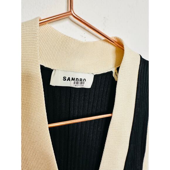 SANDRO Black White Ribbed Knit Beige Button Placket Gabriel Maxi Dress Size 38 - Picture 13 of 16